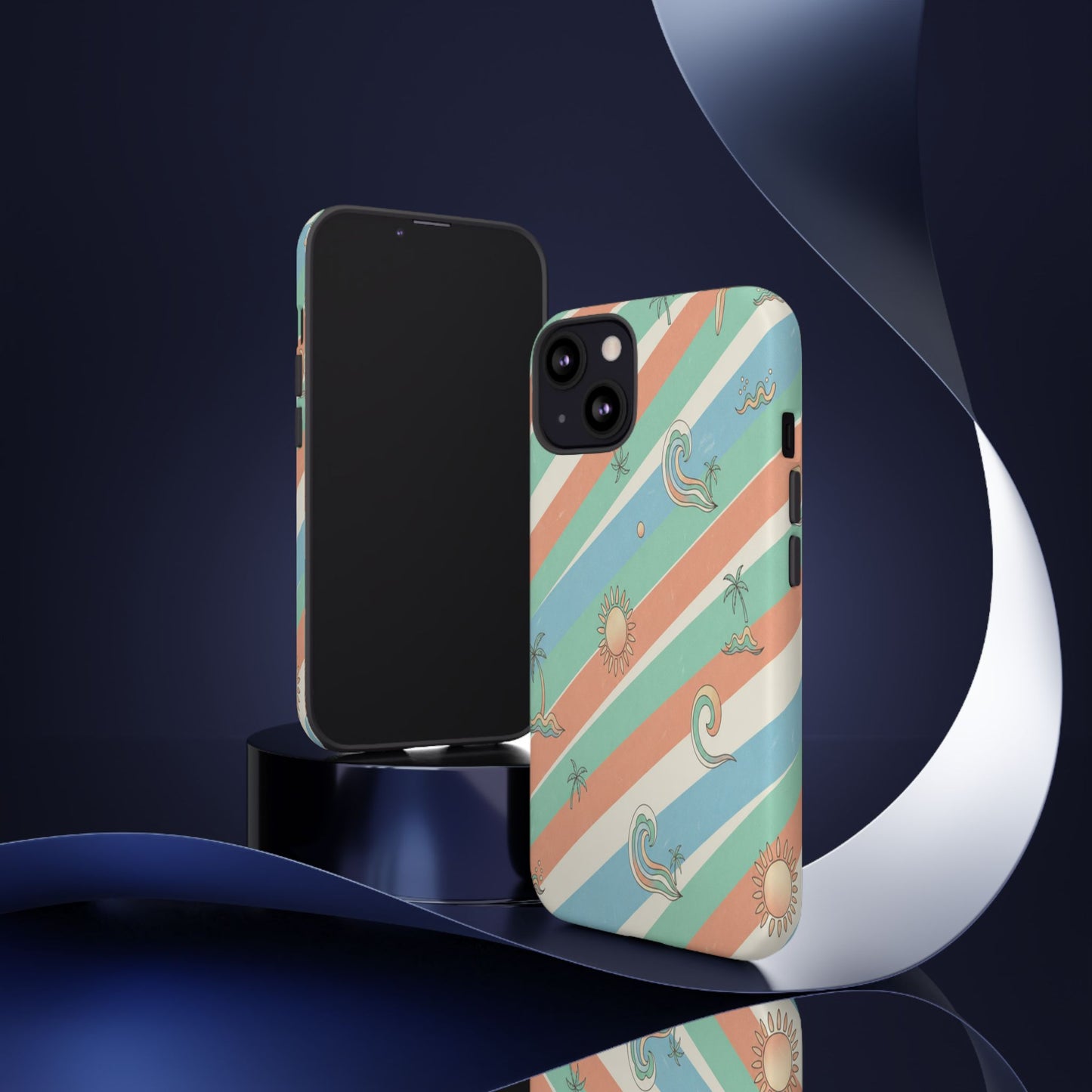 Retro Beach Stripes Phone Case — Sun, Waves & Palm Pattern Tough Case
