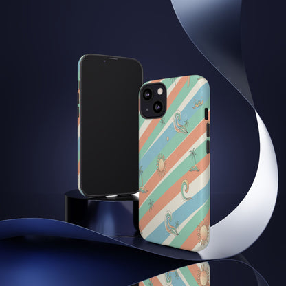 Retro Beach Stripes Phone Case — Sun, Waves & Palm Pattern Tough Case