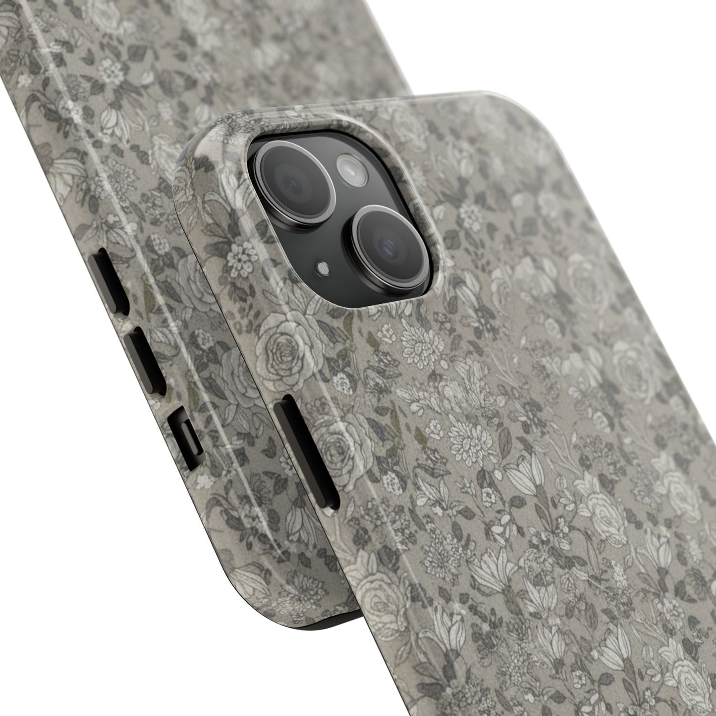 Gray Floral Tough Phone Case — Durable Protective Phone Cover with Vintage Botanical Pattern