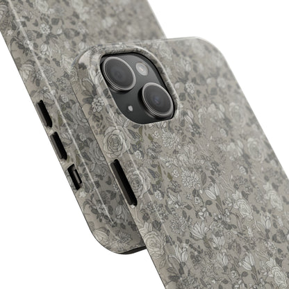 Gray Floral Tough Phone Case — Durable Protective Phone Cover with Vintage Botanical Pattern