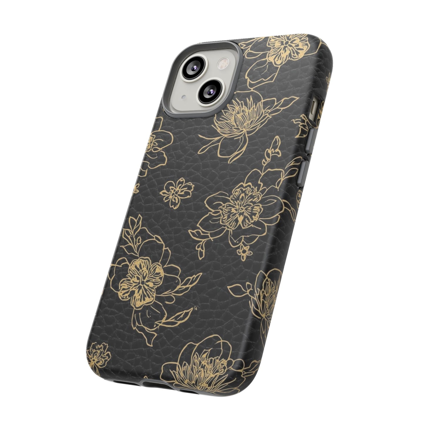 Floral Leather Phone Case — Gold Outline Flowers on Black Tough Case