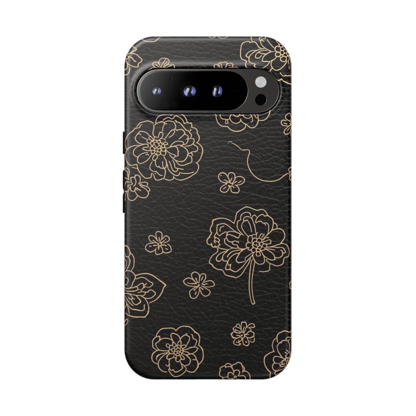 Floral Leather-Texture Tough Case – Black Gold Outline Phone Cover