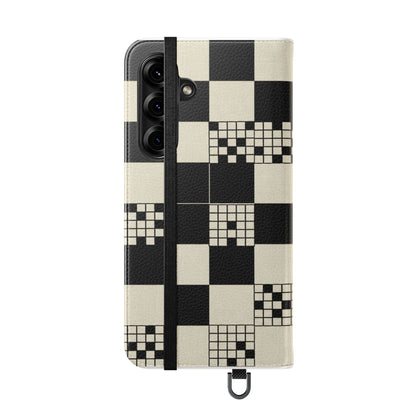 Checkerboard Flip Phone Case – Retro Black & Cream Geometric Wallet Case