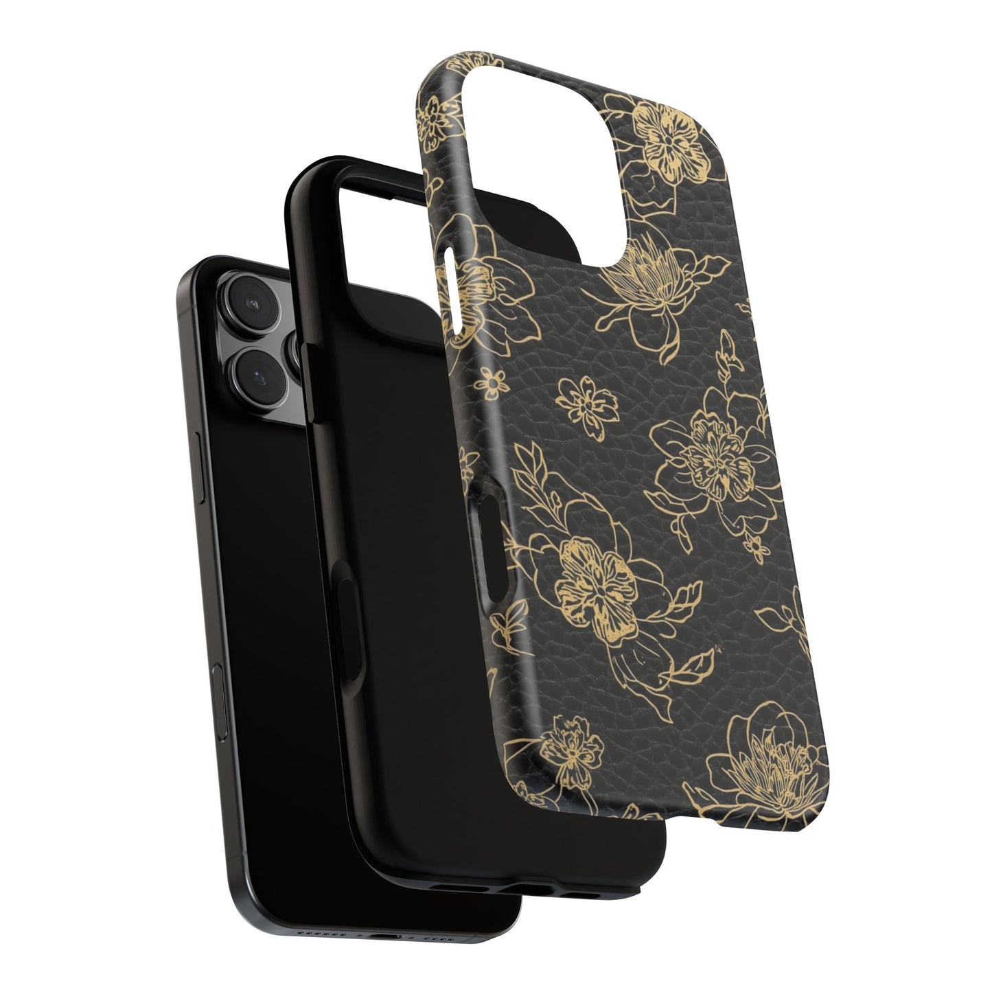 Floral Leather Phone Case — Gold Outline Flowers on Black Tough Case
