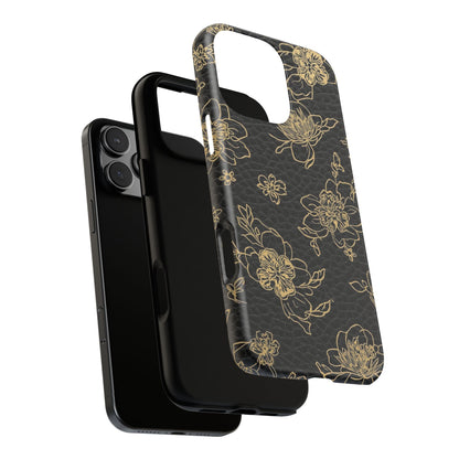Floral Leather Phone Case — Gold Outline Flowers on Black Tough Case