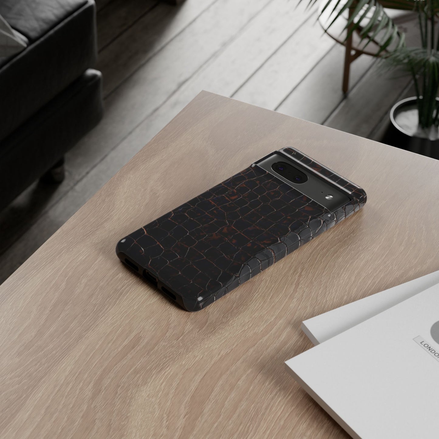Croc-Embossed Tough Phone Case — Shockproof Black Alligator Texture