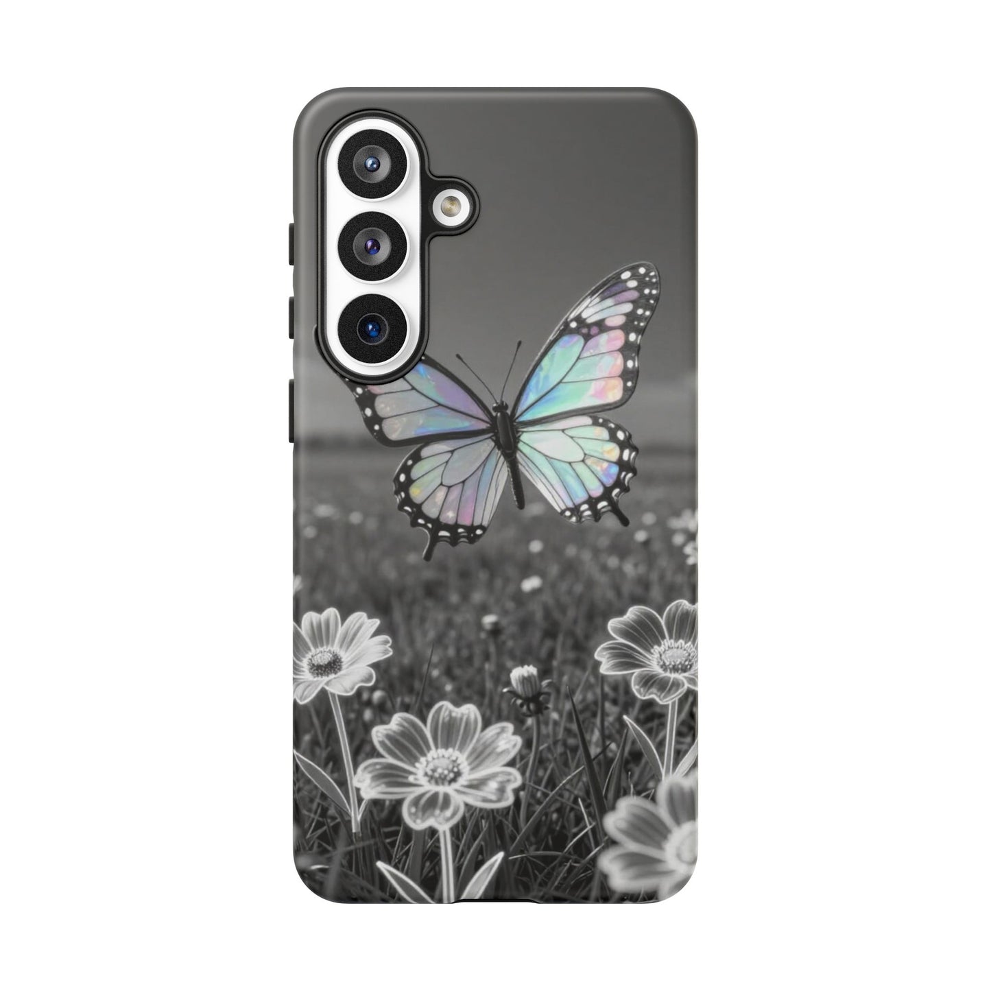 Butterfly Field Tough Phone Case — Pastel Holographic Butterfly on Black & White Floral Background