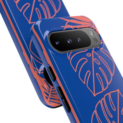 Tropical Monstera Phone Case — Blue & Coral Leaf Protective Cover