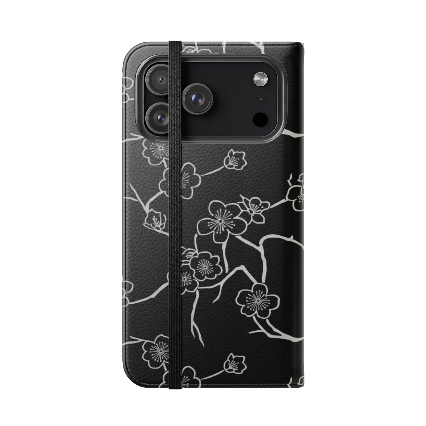Black Cherry Blossom Flip Phone Case – Floral Wallet Flip Case with Card Slots