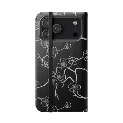 Black Cherry Blossom Flip Phone Case – Floral Wallet Flip Case with Card Slots