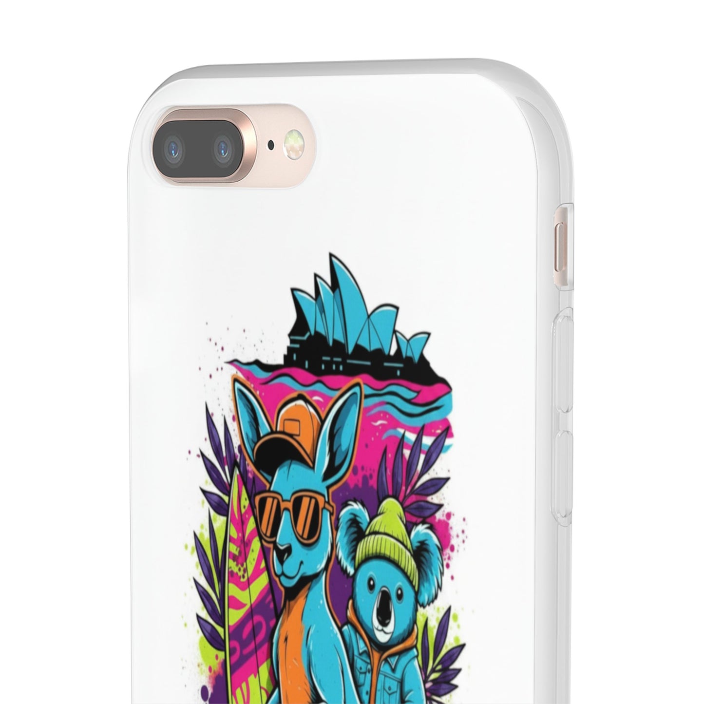 Kangaroo & Koala Surf Phone Case — Neon Aussie Beach Vibes Flexible Case