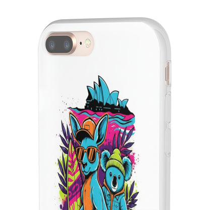 Kangaroo & Koala Surf Phone Case — Neon Aussie Beach Vibes Flexible Case