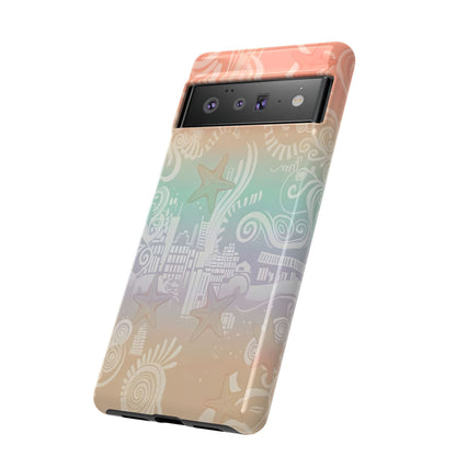 Tough Cases: Pastel Beach Pattern Phone Case — Starfish & Coastal Cityscape Protective Cover