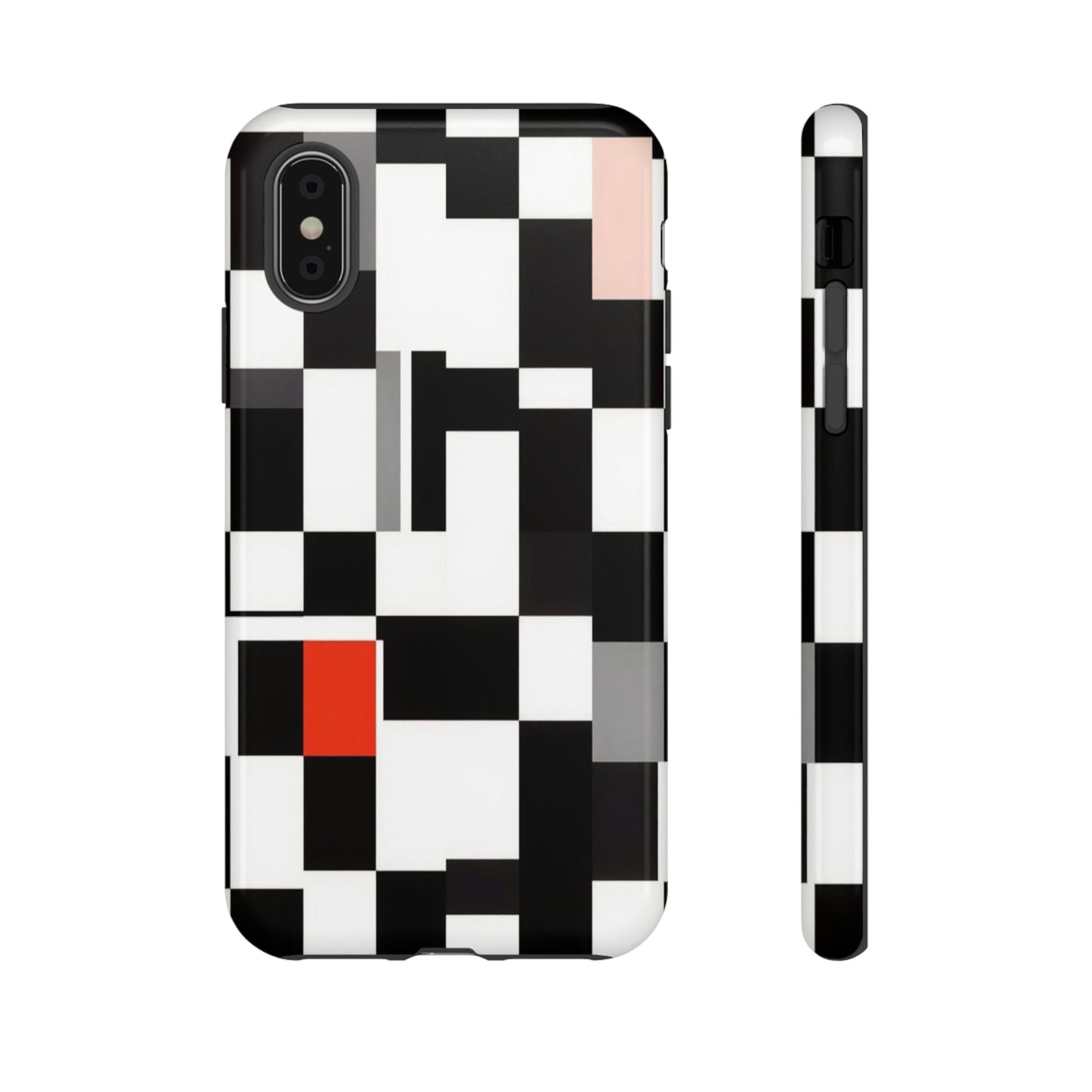 Abstract Geometric Phone Case – Black & White Checker Grid with Red Accent