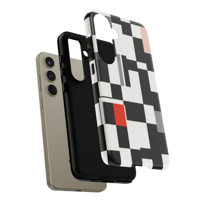 Abstract Geometric Phone Case – Black & White Checker Grid with Red Accent