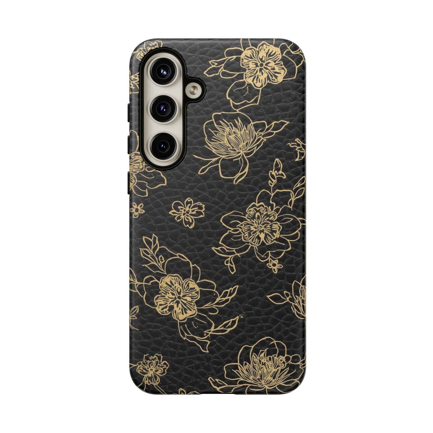 Floral Leather Phone Case — Gold Outline Flowers on Black Tough Case