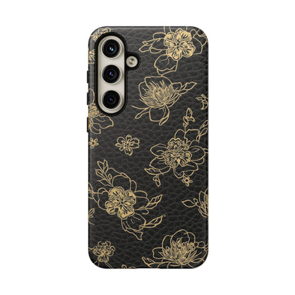 Floral Leather Phone Case — Gold Outline Flowers on Black Tough Case