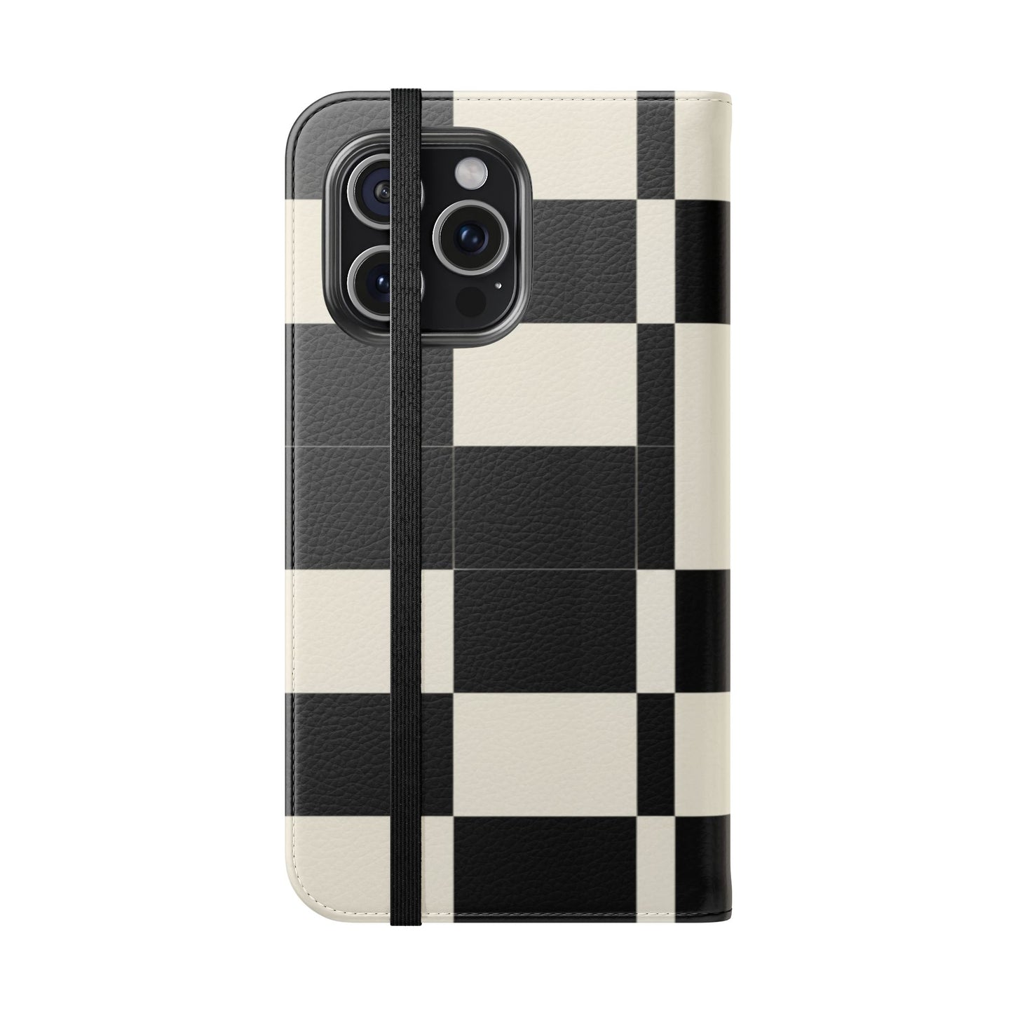 Checkered Flip Phone Case – Black & Cream Retro Grid Wallet Case