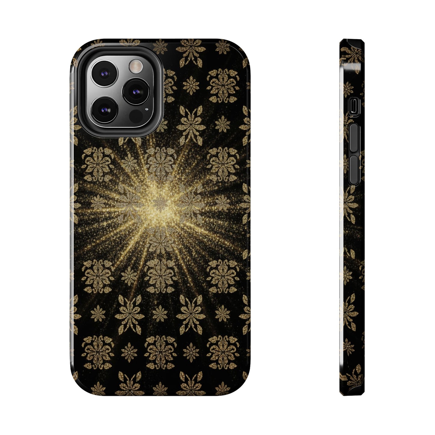 Glitter Burst Tough Phone Case — Black & Gold Floral Protective Cover