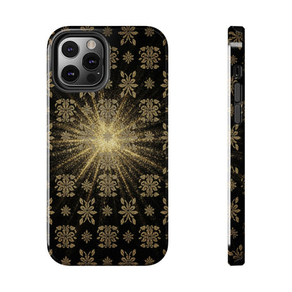 Glitter Burst Tough Phone Case — Black & Gold Floral Protective Cover