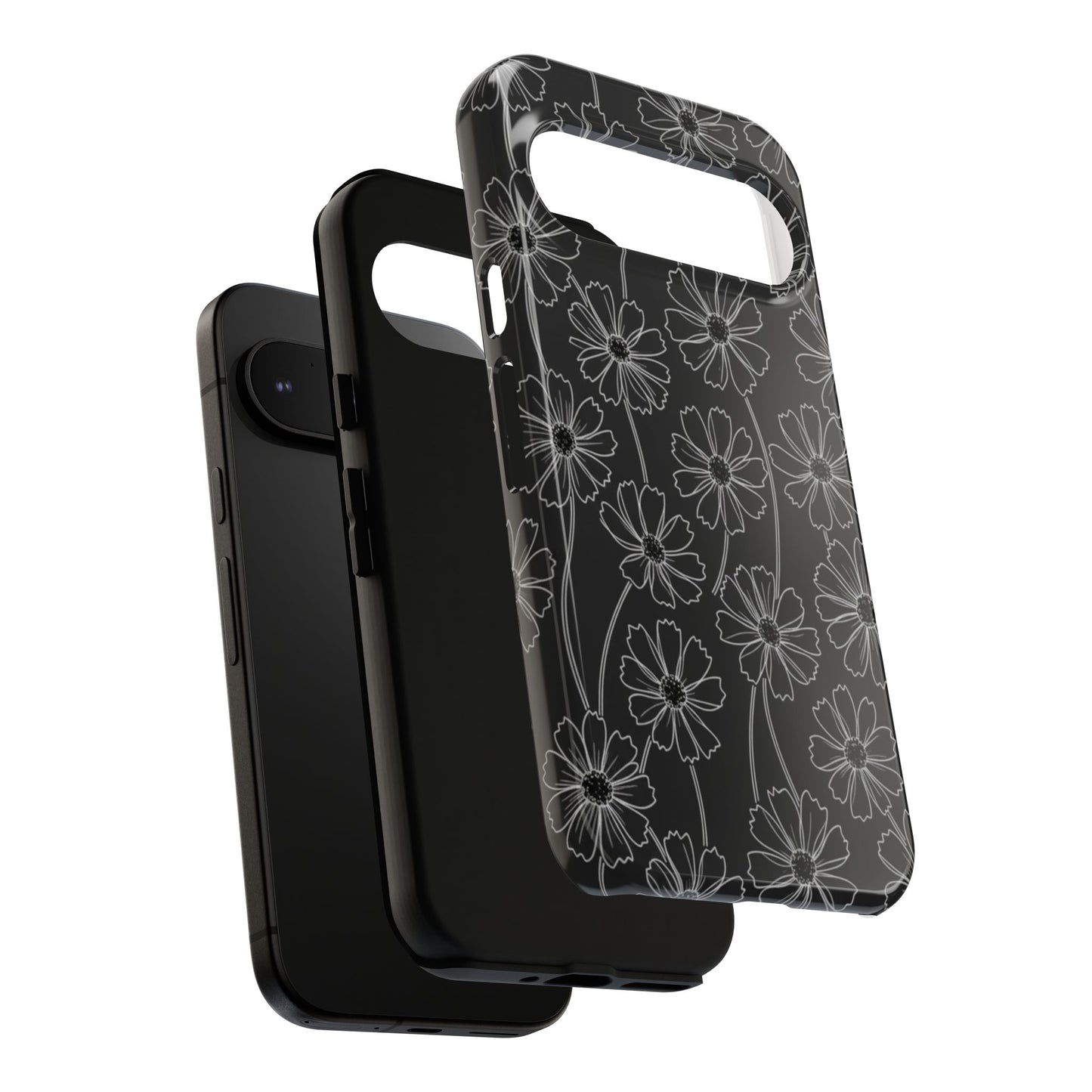 Floral Doodle Tough Phone Case — Black & Gray Daisy Pattern