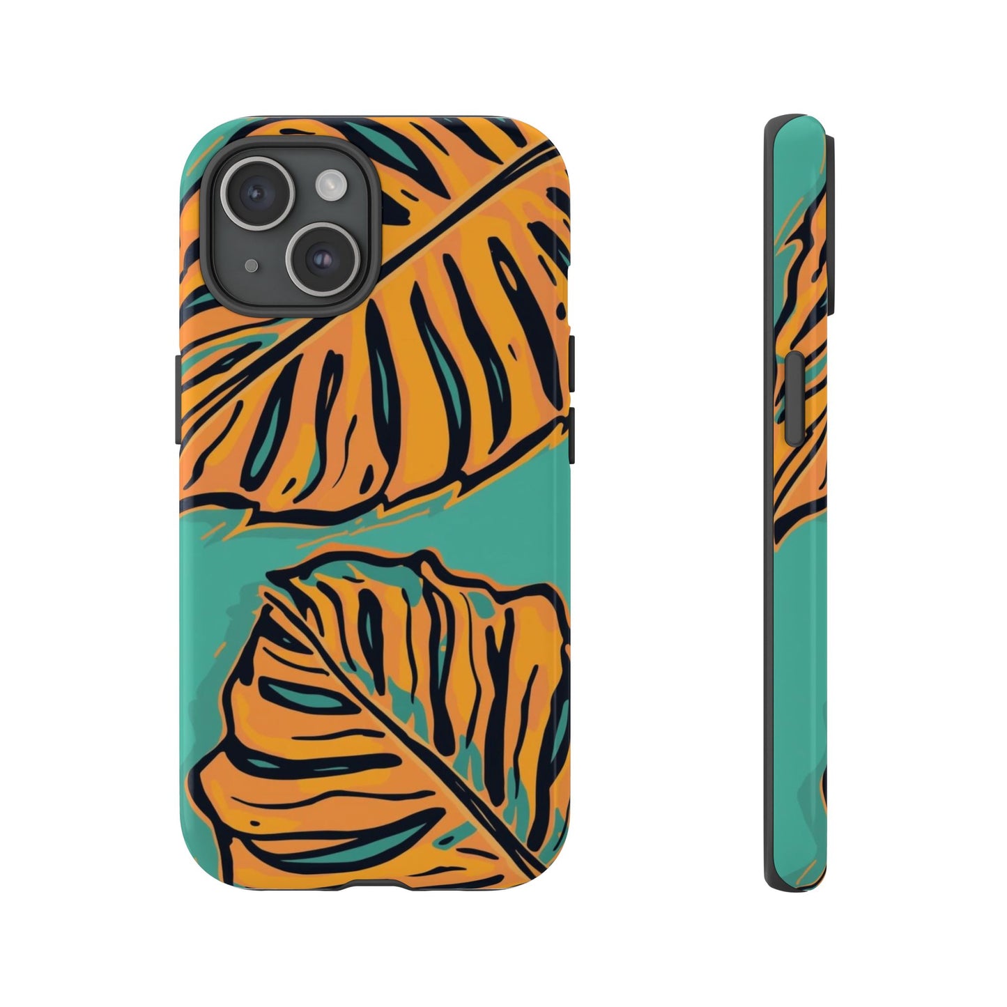 Tropical Leaf Tough Phone Case — Orange Monstera Design on Teal