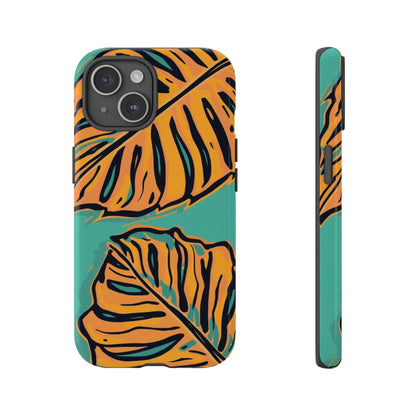 Tropical Leaf Tough Phone Case — Orange Monstera Design on Teal