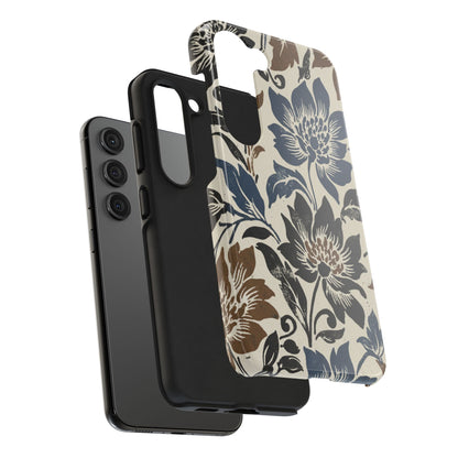 Floral Vintage Tough Phone Case — Blue & Brown Botanical Protection