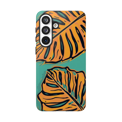 Tropical Leaf Tough Phone Case — Orange Monstera Design on Teal