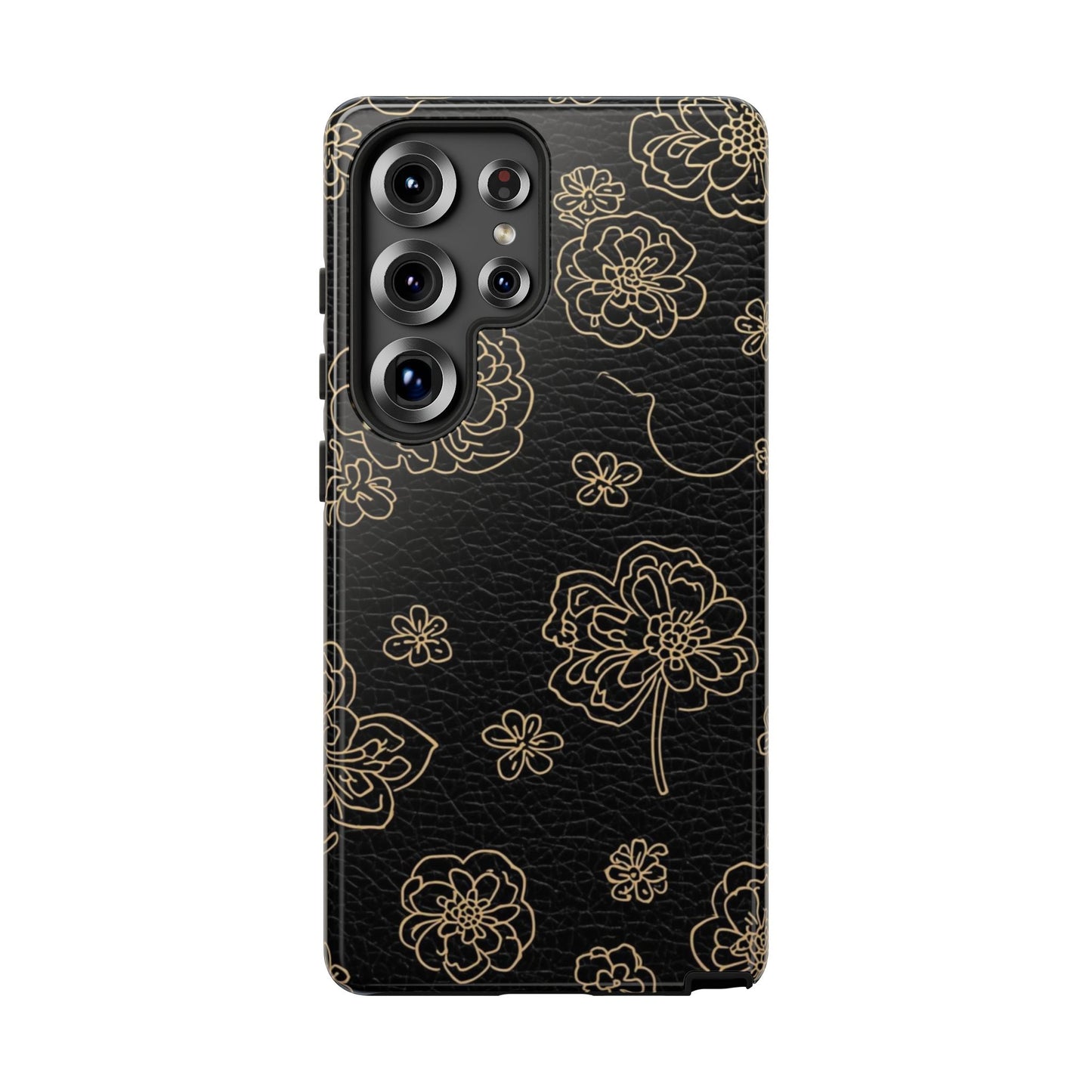 Floral Leather-Texture Tough Case – Black Gold Outline Phone Cover