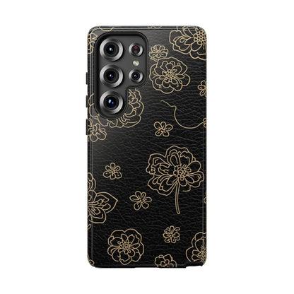 Floral Leather-Texture Tough Case – Black Gold Outline Phone Cover