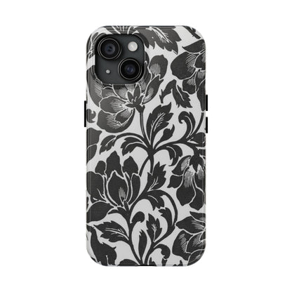 Tough Phone Case — Black & White Vintage Floral Protective Cover