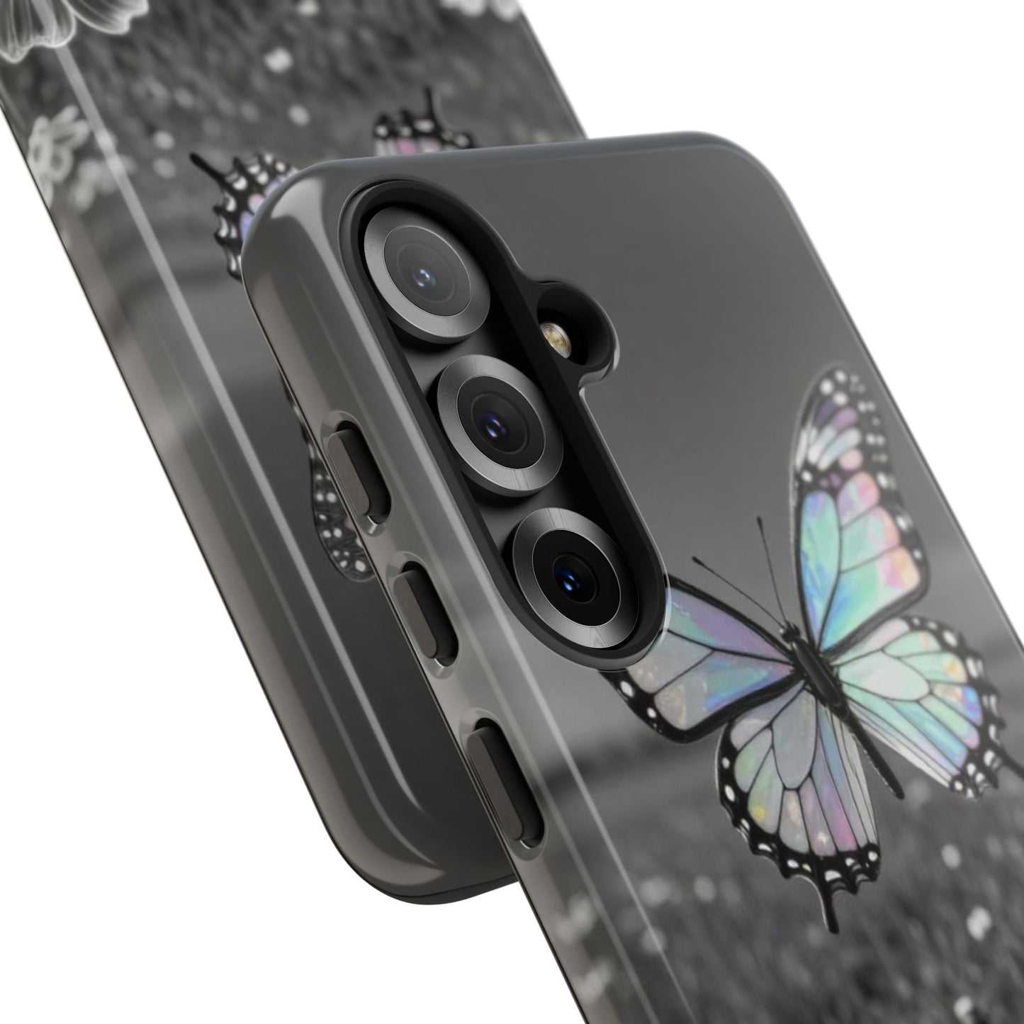 Butterfly Field Tough Phone Case — Pastel Holographic Butterfly on Black & White Floral Background