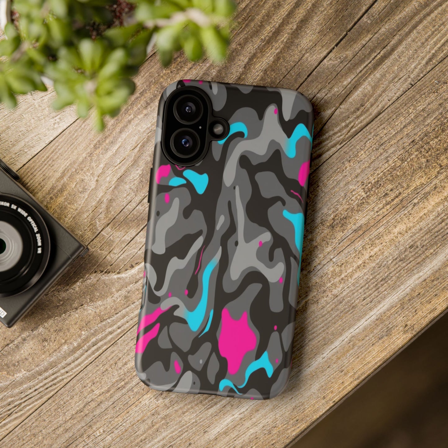 Camouflage Phone Case — Gray Camo with Neon Pink & Cyan Accent Tough Protective Cover