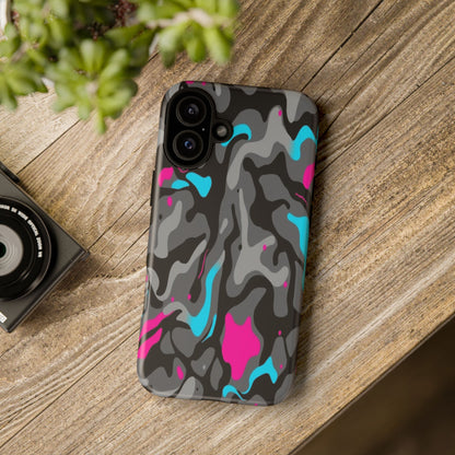 Camouflage Phone Case — Gray Camo with Neon Pink & Cyan Accent Tough Protective Cover