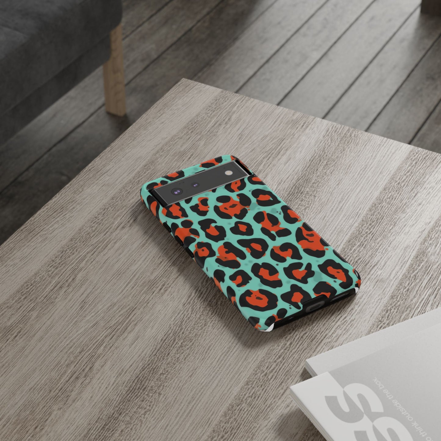 Leopard Print Tough Phone Case — Teal & Rust Protective iPhone Cover