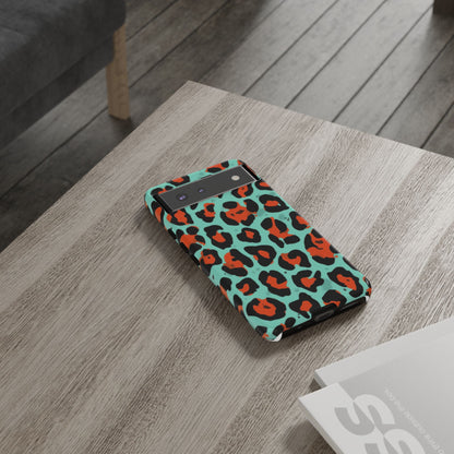 Leopard Print Tough Phone Case — Teal & Rust Protective iPhone Cover