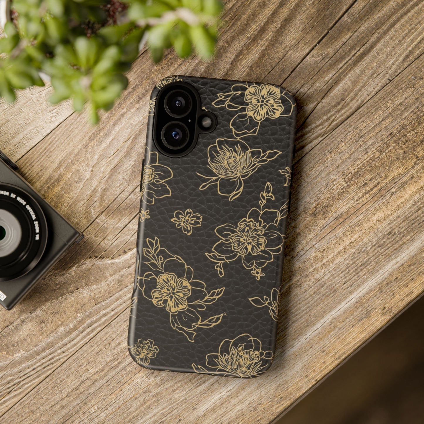 Floral Leather Phone Case — Gold Outline Flowers on Black Tough Case