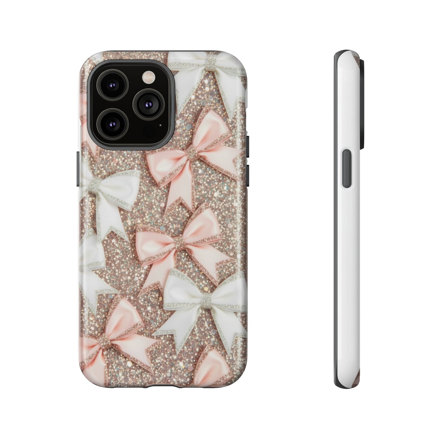 Glitter Bow Tough Phone Case — Pink & White Ribbon Protective Cover