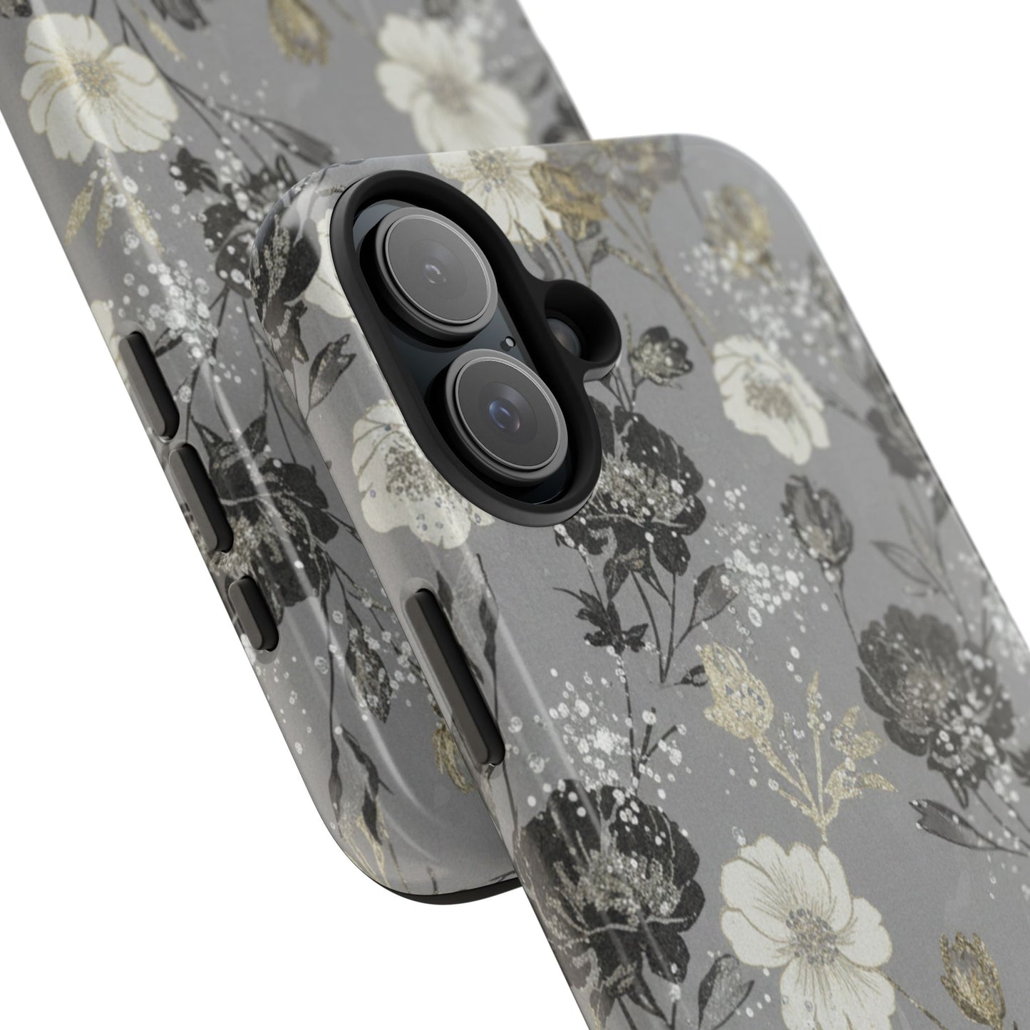 Floral Gray Tough Phone Case — Elegant Protective Phone Cover with Gold Accent