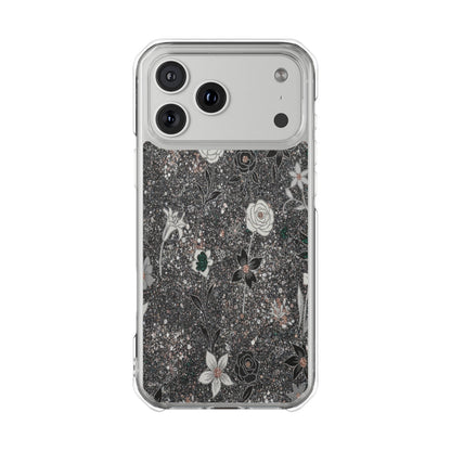 Clear Floral Glitter Magnetic Phone Case — Protective Impact Case with Rose & Daisy Design