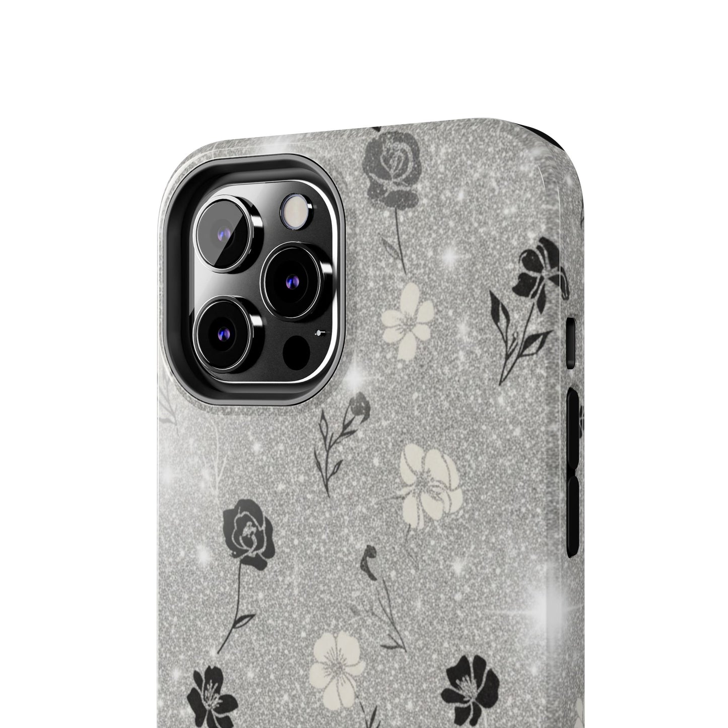Floral Glitter Tough Phone Case — Black & Silver Vintage Flower Protective Cover