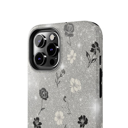 Floral Glitter Tough Phone Case — Black & Silver Vintage Flower Protective Cover