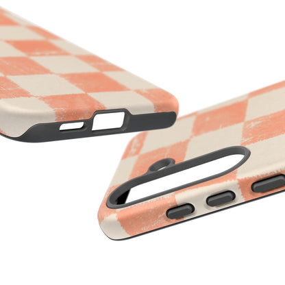 Peach Checkerboard Tough Phone Case — Retro Distressed Grid Design