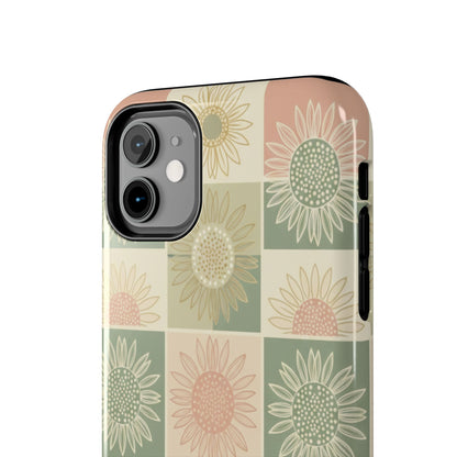 Sunflower Check iPhone Tough Phone Case — Retro Pastel Floral Protective Cover