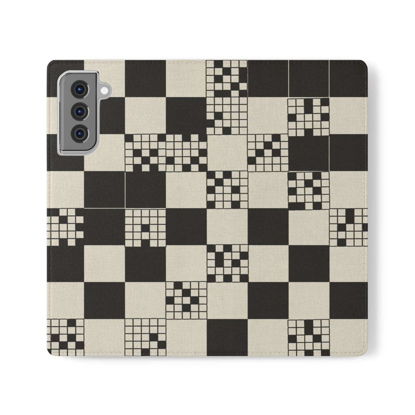 Checkerboard Flip Phone Case – Retro Black & Cream Geometric Wallet Case