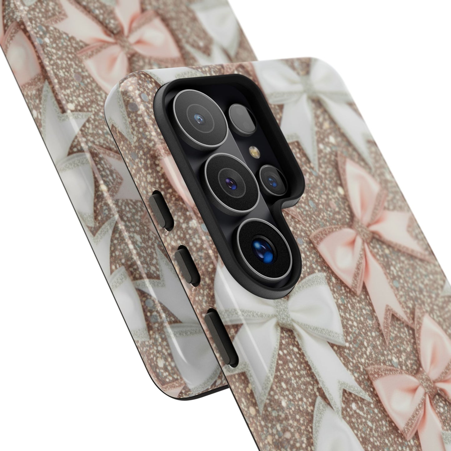 Glitter Bow Tough Phone Case — Pink & White Ribbon Protective Cover