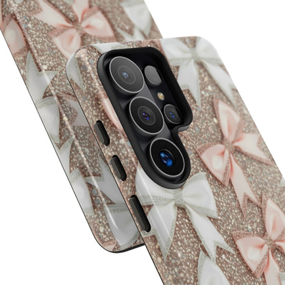 Glitter Bow Tough Phone Case — Pink & White Ribbon Protective Cover