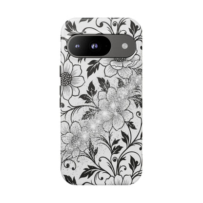 Floral Lace Phone Case — Black & White Vintage Flower Protective Case