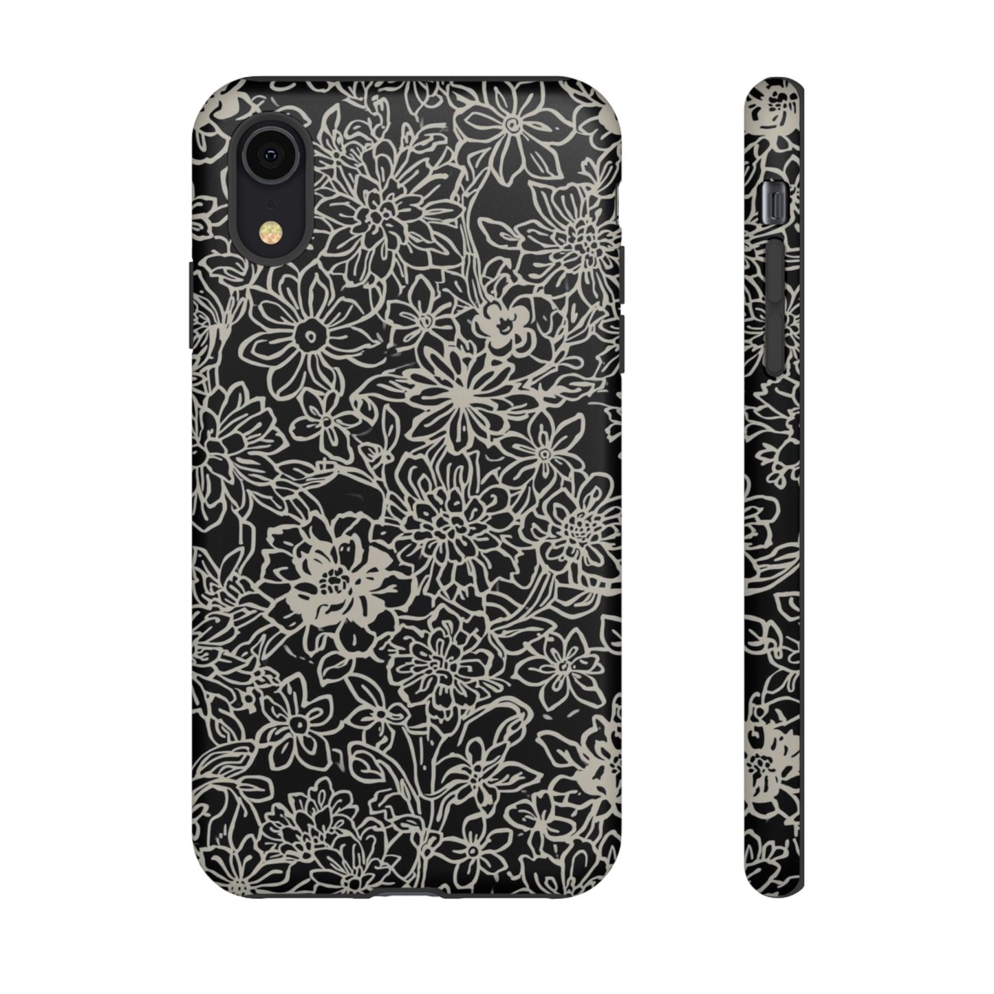 Floral Doodle Tough Phone Case — Black & White Sketch Flower Protective Cover